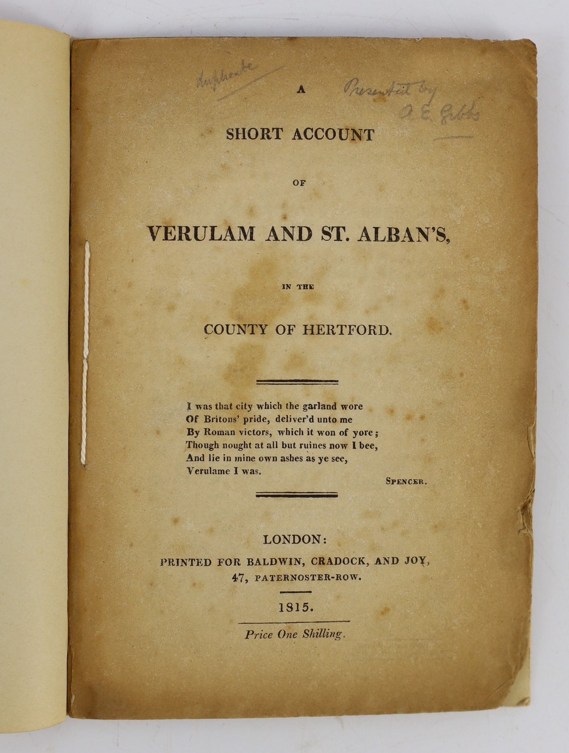 HERTS: A Short Account of Verulam and St. Albans ... old limp leather cloth, sm.cr.8vo. 1815; Williams, Frederick Lake - An Historical and Topographical Description of the Municipium of Ancient Verulam; the Martyrdom of
